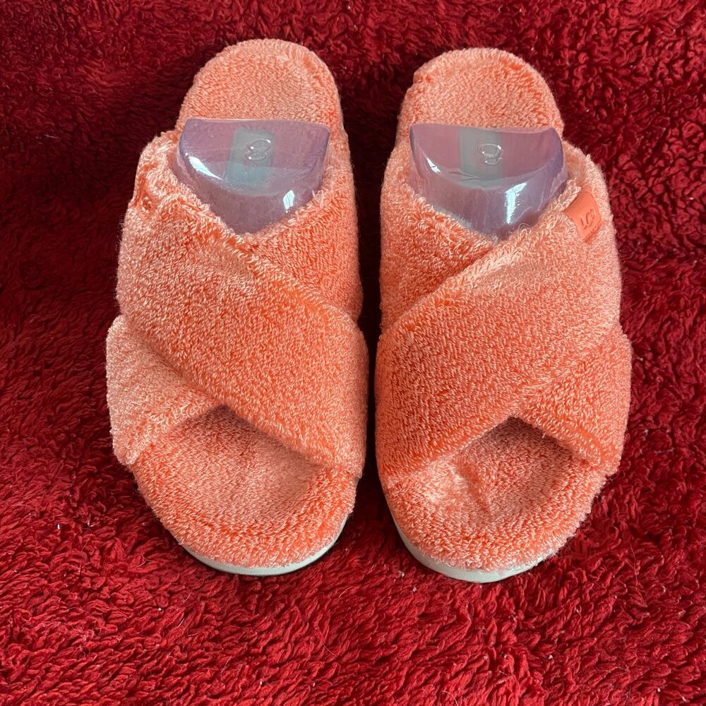 UGG Fuzz Sugar Terry Cross Slide in Peach Bliss  - Size 8 Plush Terry Like New!